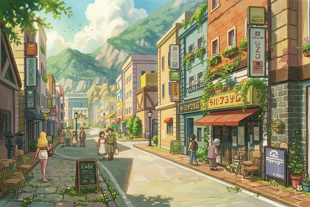 Sunny town street with a card shop
